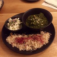 Spinach with chickpea and cream, Chinese cabbage salad, basmati rice with coconut milk, cashews and sprouts ❤️😋 at Organila Food & Drinks in Piestany