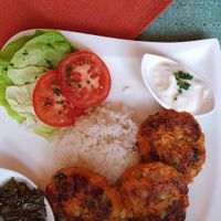Sweetpotato-vegetable patties with rice and garlic dip at Gasthof Familie Hutter in Rattersdorf