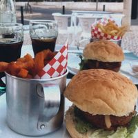 Beyond meat burger with fries  at Fabio's Roadstop in Armacao De Pera