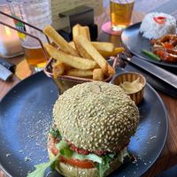 Truffle supreme burger with truffle cheese, truffle sauce, walnuts, with fries and mayonnaise.   at New Vegas in Haarlem