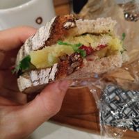 Delicious sandwich, sweet potato and cilantro I think at Monsoon Donuts in Maebashi