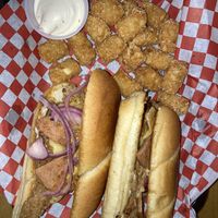 Vegan corn dog and tots  at Sputnik in Denver