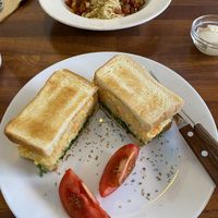 Potato salad sandwich and a pasta dish (don’t remember the exact name).  at This World is a Playground - 이 세계는 놀이터예요 in Seoul