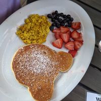 Kids pancakes with tofu scrambled eggs and fruit ☺️ at Vegan Avenue in San Antonio