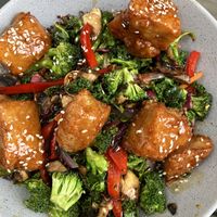 Orange chicken bowl   at Vegan Avenue in San Antonio