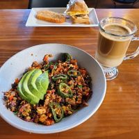 Mexican Breakfast Hash Bowl with a Caramel Macchiato at Vegan Avenue in San Antonio
