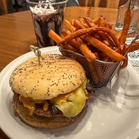 Cheezy mushroom burger, fries and milkshake. The burger was excellent!  at Vegan Avenue in San Antonio