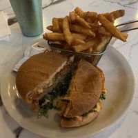 Buffalo chick’n sandwich and fries  at Vegan Avenue in San Antonio