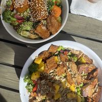 Orange chick’n Bowl top, Asian kale salad bottom  at Vegan Avenue in San Antonio