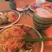 Papaya salad with sticky rice and crispy tofu.  at Lucky Lotus in Des Moines