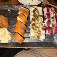 Amazing sushi, from left to right: Inari, Cowgirl roll, Thai Hippie roll and Bito Maki roll. All incredible!  at Blue Sushi Sake Grill in Des Moines