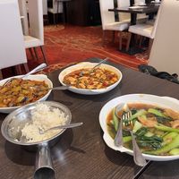 Eggplant, vegan mapo tofu, and king oyster mushrooms with fried vegetables  at Full Moon Garden in Amsterdam
