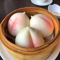 Longevity peach bun, sweet lotus seed paste filling - vegan at Full Moon Garden in Amsterdam