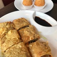 Beancurd sheet rolls + sesame sticky rice balls with sweet lotus seed paste - vegan at Full Moon Garden in Amsterdam