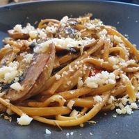 Tagliatelle Cabonara with mushrooms at Mundo Vegan - Vegan World in Funchal