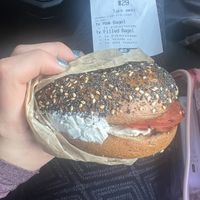 everything bagel with cream cheese and sliced tomatoes  at Deig Bakery in Reykjavik