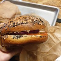 Bagel with hummus and veggies at Deig Bakery in Reykjavik