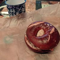 Pretzel Bagel with hummus and veggie at Deig Bakery in Reykjavik