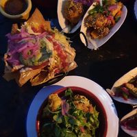 Vegan tacos with fried avo, nachos with vegan cheese, cauliflower wings and sweet potatoes puree . Delish at Gringo's in Perth