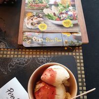 Vegan vanilla icecream with strawberry sauce at Peter Pane - Leuchtturm in Rostock