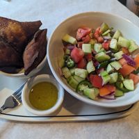 Sambusa and a Tomato Cucumber salad. Both appetizers were wonderful at Nile Vegan in Columbus