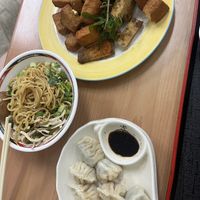 Noodle, 2portions of eggtofu and one portion tofu on one plate and the dumplings  at Zhèng Jì Shí Wéi Tiān - 鄭記食為天 in Donghe