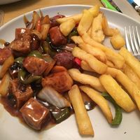Black bean tofu and black bean chicken with salt and pepper chips at Tim Tim in Shrewsbury