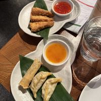 Crispy tofu (top) and vegetable spring roll & crispy tofu gyoza (bottom; part of the Vegan set)  at Ping Pong Dim Sum in London