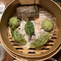 2 spinach & mushroom gyoza, 2 spicy vegetable dumplings, mushroom & leek dumplings, and vegetable sticky rice (all part of the vegan set)  at Ping Pong Dim Sum in London