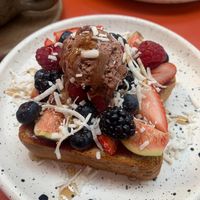 French toast with vegan ice cream  at Vegamo Deli in Mexico City