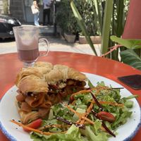 Breakfast croissant and bloody chai  at Vegamo Deli in Mexico City