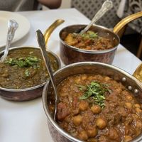 The back two dishes are Saag Aloo & vegan chicken Taka Tak /  The front dish is Channa Masala  at Namaste in Dover