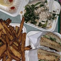 Sweet potato fries, sweet potato falafel, cold brussel sprouts salad side    at Fala Bar in Santa Barbara