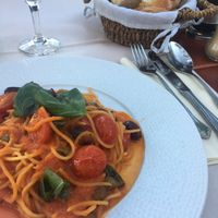 Spaghetti Puttanesca and homemade bread at Da Noi in Seeshaupt