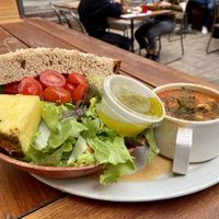 Half soup/salad combo with minestrone soup, vinaigrette and rye bread   at Mezzo in Berkeley