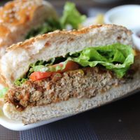 The delicious walnut tofu burger! at Corner Tree Cafe in Makati