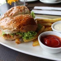 walnut tofu burger with sweet potato fries. at Corner Tree Cafe in Makati
