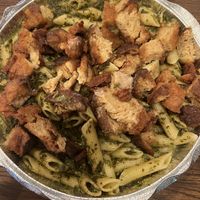 Penne pasta with vegan pesto and fried chickn (note: we let our food sit while doing other things so the pictures are not taken at its freshest)  at Pasquale's Pizzeria III in Middletown