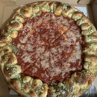 Vegan cheese pizza (light cheese) on garlic knot crust at Pasquale's Pizzeria III in Middletown