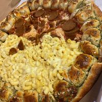 Top view of large vegan pie with Freakin vegan mac at Pasquale's Pizzeria III in Middletown