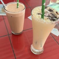 Vegan cafe latte and banana pineapple coconut shakee  at Aum Cafe in Varanasi