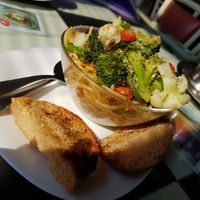 vegan prima vera pasta with veggies, garlic, herbs, olive oil and bread at Aum Cafe in Varanasi