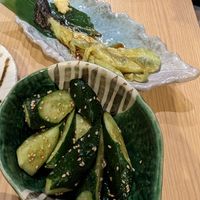 Grilled eggplant and the pickled cucumber were really good at Gyozaoh Dotonbori in Osaka