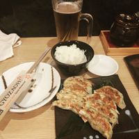 Vegan Gyoza and white rice with a local beer at Gyozaoh Dotonbori in Osaka