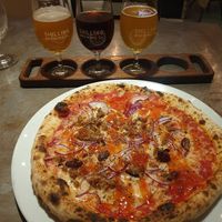 Vegan haggis pizza at Shilling Brewing Company in Glasgow