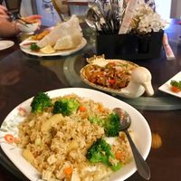 Fried rice and vegan duck in special sauce (amazing!) at Mr Hong in West End