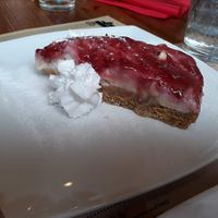 White choc and raspberry cheesecake at Sora Lella Roman Vegan Restaurant in Edinburgh