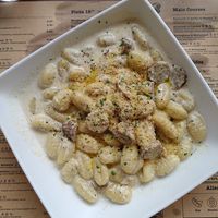 Creamy truffle and mushroom gnocchi at Sora Lella Roman Vegan Restaurant in Edinburgh