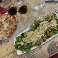 Meat feast pizza and straccetti de seitan ai  porcini at Sora Lella Roman Vegan Restaurant in Edinburgh