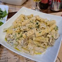 Rigatoni broccoli porcini e salsiccia at Sora Lella Roman Vegan Restaurant in Edinburgh